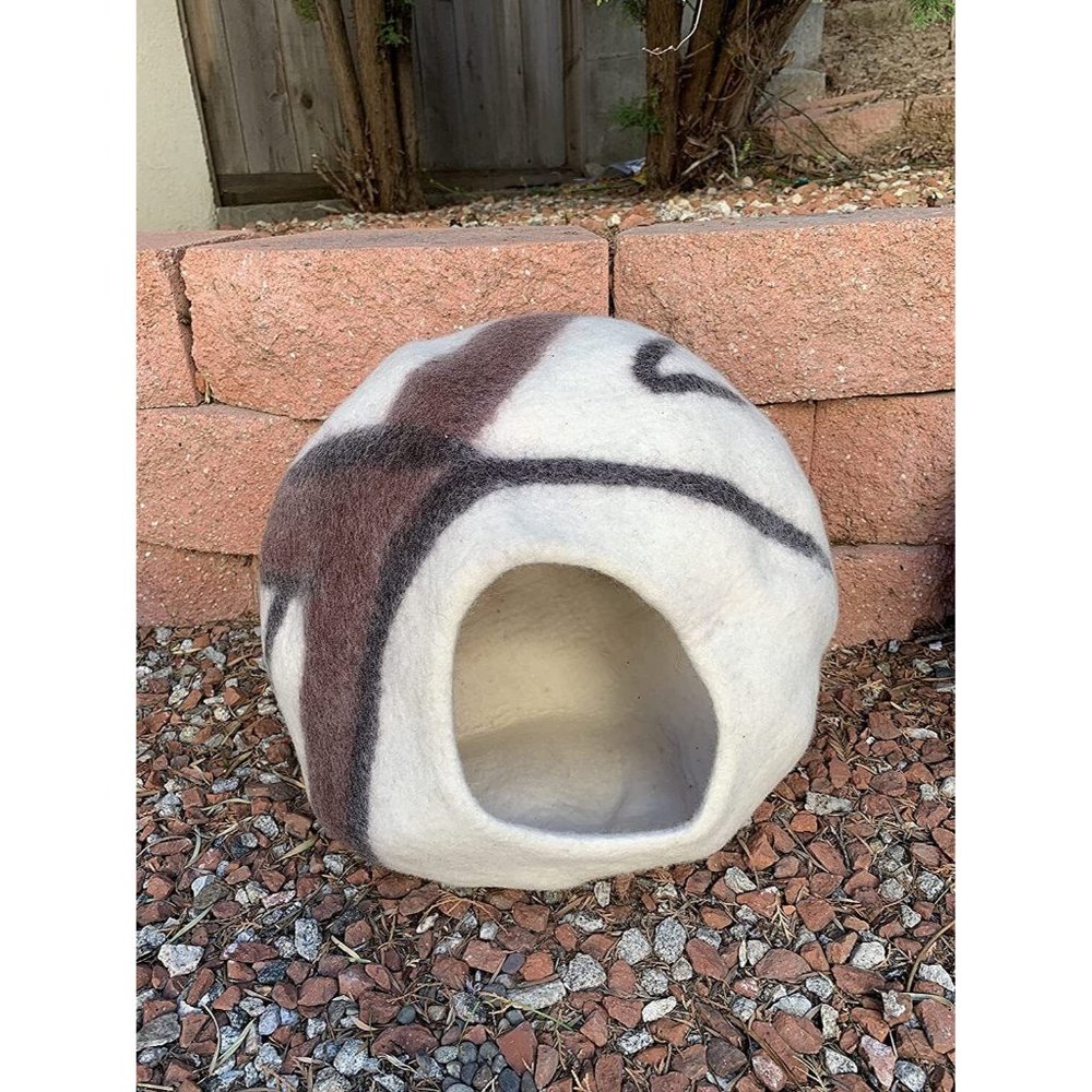 Modern Pet Furniture Natural Wool Cat Bed Cocoon Handmade Cave - Black & White